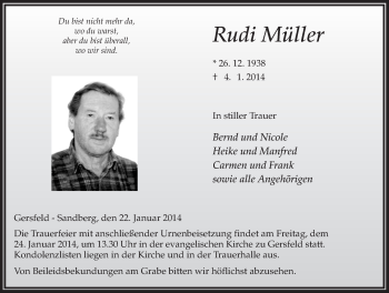 Traueranzeige von Rudi Müller 