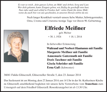 Traueranzeige von Elfriede Meißner 