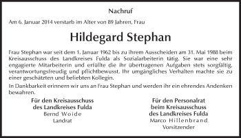 Traueranzeige von Hildegard Stephan 