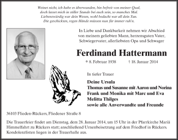 Traueranzeige von Ferdinand Hattermann 
