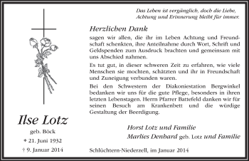 Traueranzeige von Ilse Lotz 