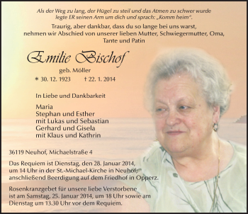 Traueranzeige von Emilie Bischof 