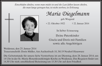 Traueranzeige von Maria Diegelmann 