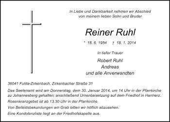 Traueranzeige von Reiner Ruhl 