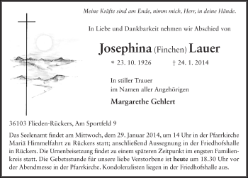 Traueranzeige von Josephina Lauer 