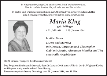 Traueranzeige von Maria Klug 