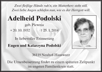 Traueranzeige von Adelheid Podolski 