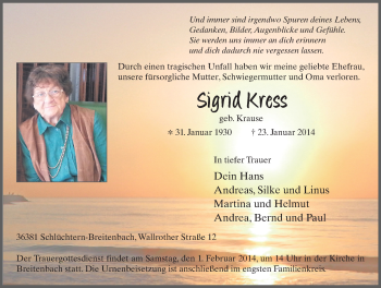 Traueranzeige von Sigrid Kress 