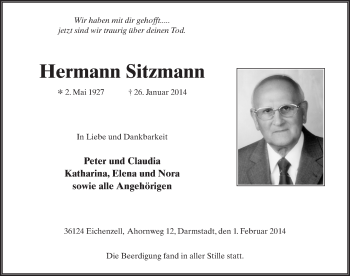 Traueranzeige von Hermann Sitzmann 