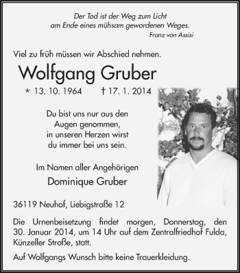 Traueranzeige von Wolfgang Gruber 
