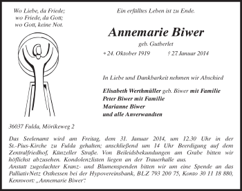 Traueranzeige von Annemarie Biwer 