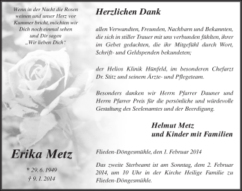 Traueranzeige von Erika Metz 