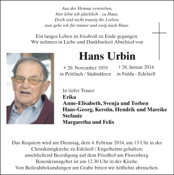 Traueranzeige von Hans Urbin 