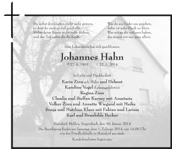 Traueranzeige von Johannes Hahn 