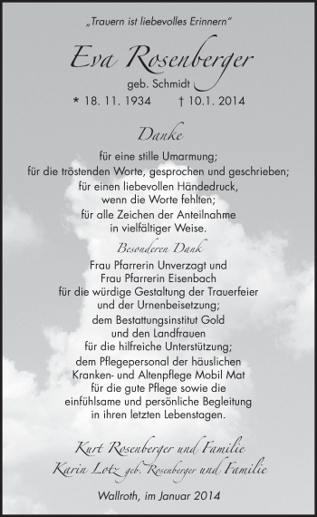 Traueranzeige von Eva Rosenberger 