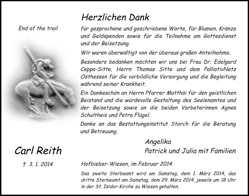  Traueranzeige für Carl Reith vom 01.02.2014 aus 