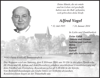 Traueranzeige von Alfred Vogel 