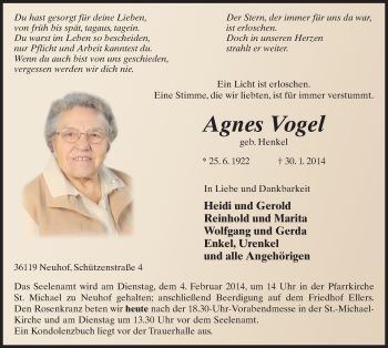 Traueranzeige von Agnes Vogel 