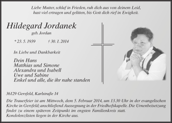 Traueranzeige von Hildegard Jordanek 
