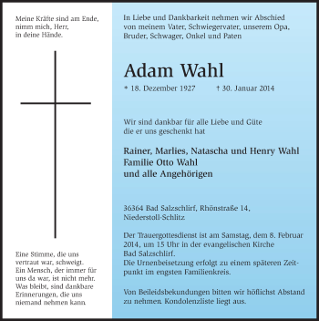 Traueranzeige von Adam Wahl 