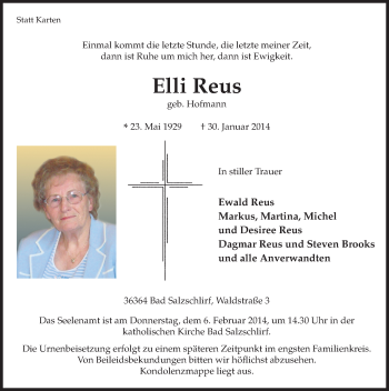 Traueranzeige von Elli Reus 