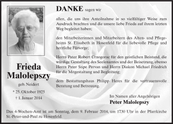 Traueranzeige von Frieda Malolepszy 