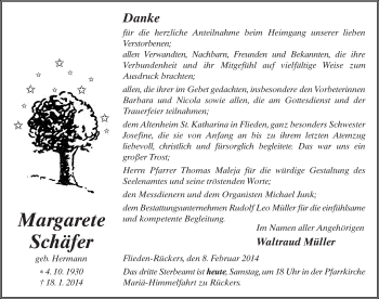 Traueranzeige von Margarete Schäfer 
