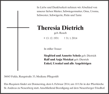 Traueranzeige von Theresia Dietrich 