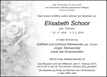 Traueranzeige von Elisabeth Schoor 