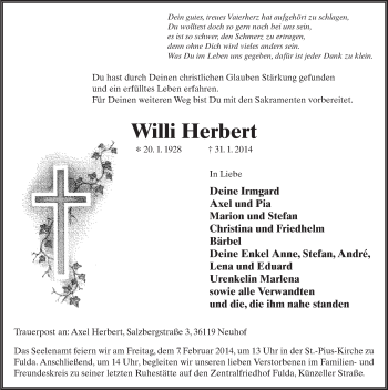 Traueranzeige von Willi Herbert 