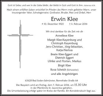 Traueranzeige von Erwin Klee 