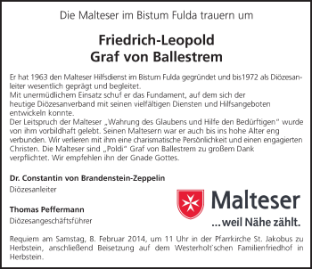 Traueranzeige von Friedrich-Leopold  Graf von Ballestrem 