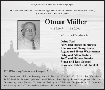 Traueranzeige von Otmar Müller 