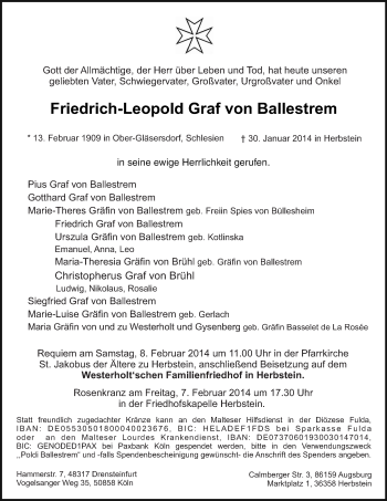 Traueranzeige von Friedrich-Leopold  Graf von Ballestrem 
