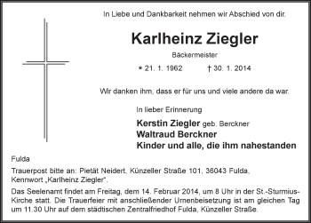 Traueranzeige von Karlheinz Ziegler 