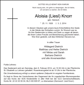 Traueranzeige von Aloisia Knorr 