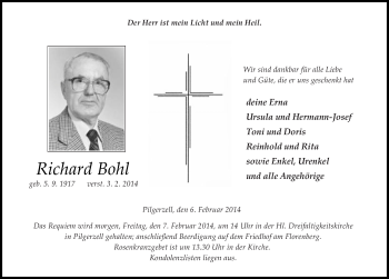 Traueranzeige von Richard Bohl 