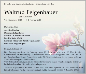 Traueranzeige von Waltrud Felgenhauer 