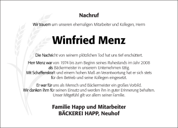 Traueranzeige von Winfried Menz 