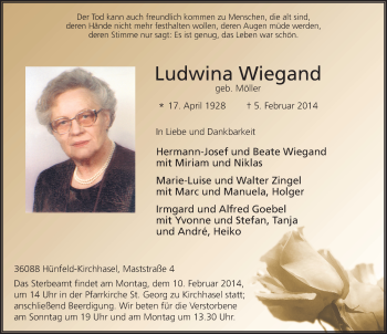 Traueranzeige von Ludwina Wiegand 