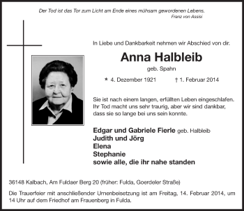 Traueranzeige von Anna Halbleib 