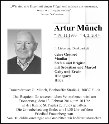 Traueranzeige von Artur Münch 