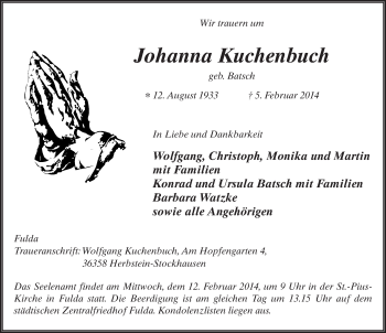 Traueranzeige von Johanna Kuchenbuch 