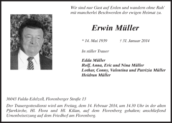 Traueranzeige von Erwin Müller 