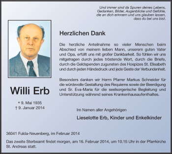 Traueranzeige von Willi Erb 