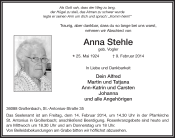 Traueranzeige von Anna Stehle 