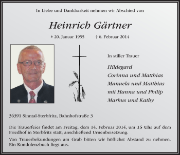 Traueranzeige von Heinrich Gärtner 