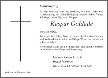 Traueranzeige von Kaspar Goldade 