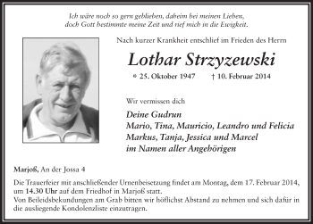 Traueranzeige von Lothar Strzyzewski 