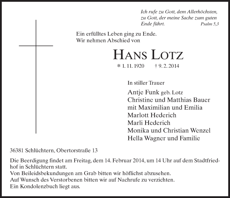  Traueranzeige für Hans Lotz vom 12.02.2014 aus 
